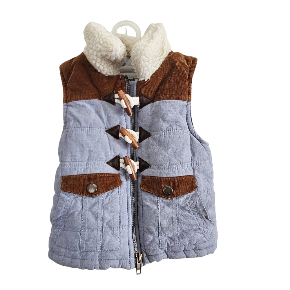 Genuine‎ Kids OshKosh Toddler Boys 2T Quilted Puffer Vest Blue Brown Corduroy
